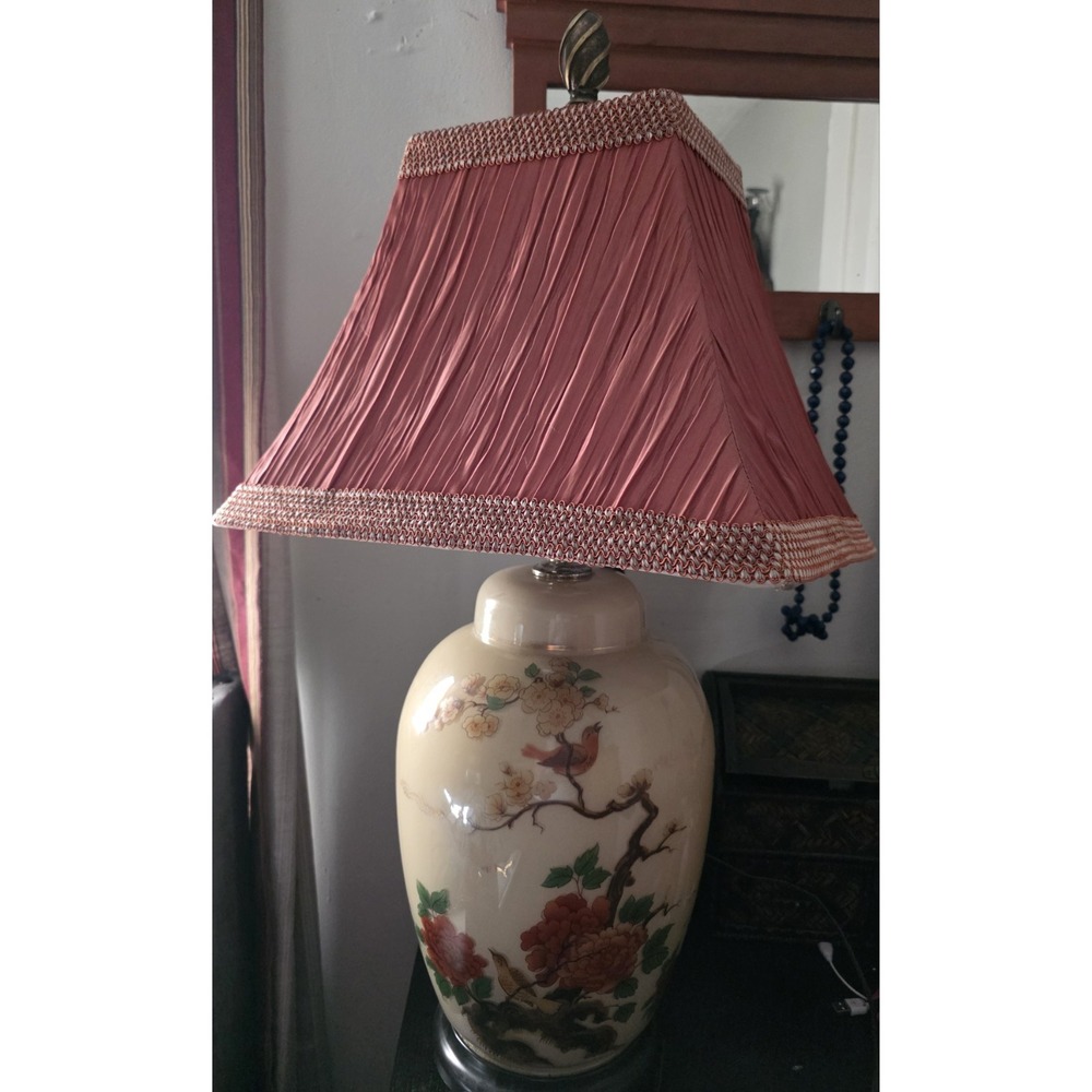 Vtg Asian Hand painted Glass Birds & Flowers Ginger Jar Table Lamp 30" - Picture 2 of 8